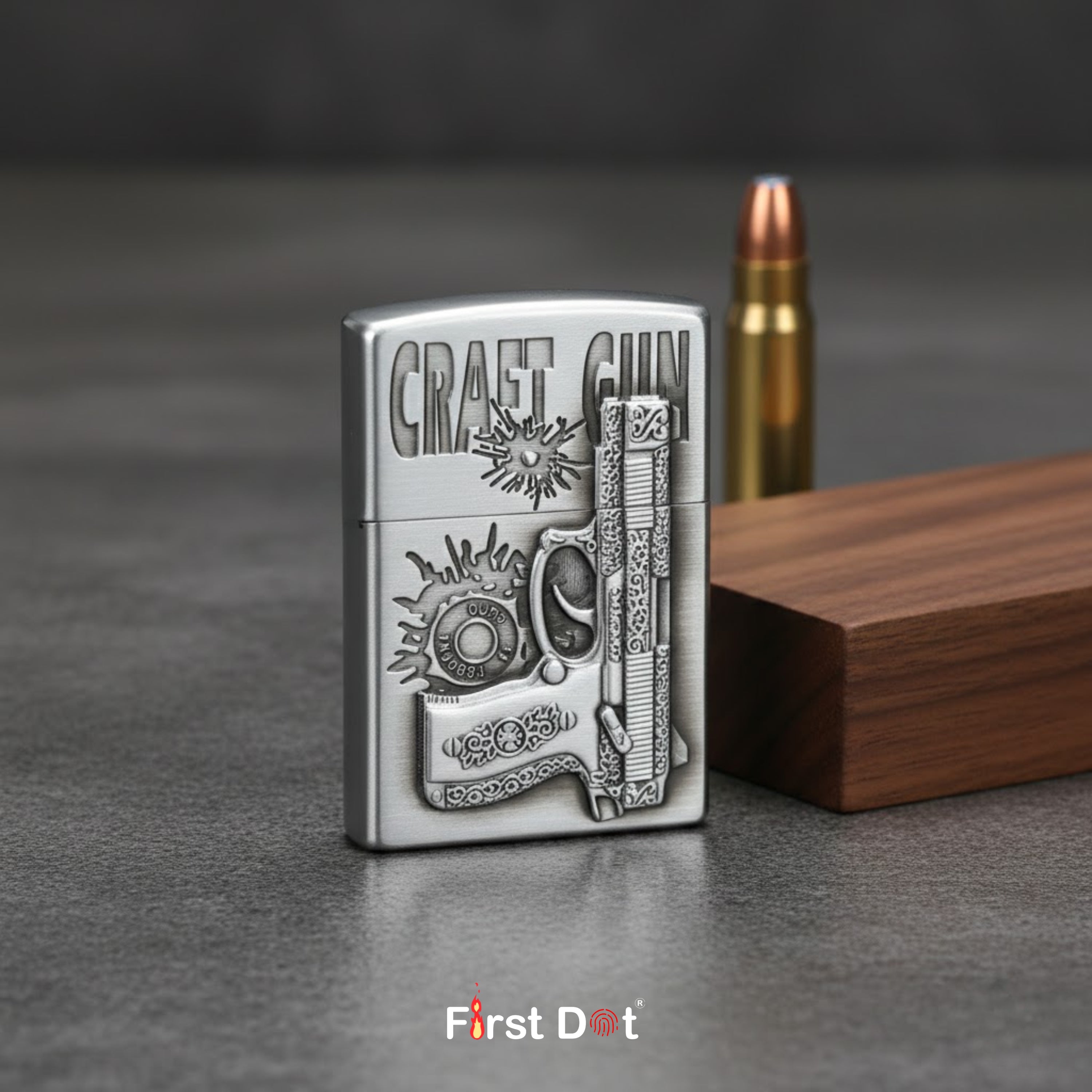 Vintage Craft Gun Engraved Metal Design, Wind-Resistant Flame