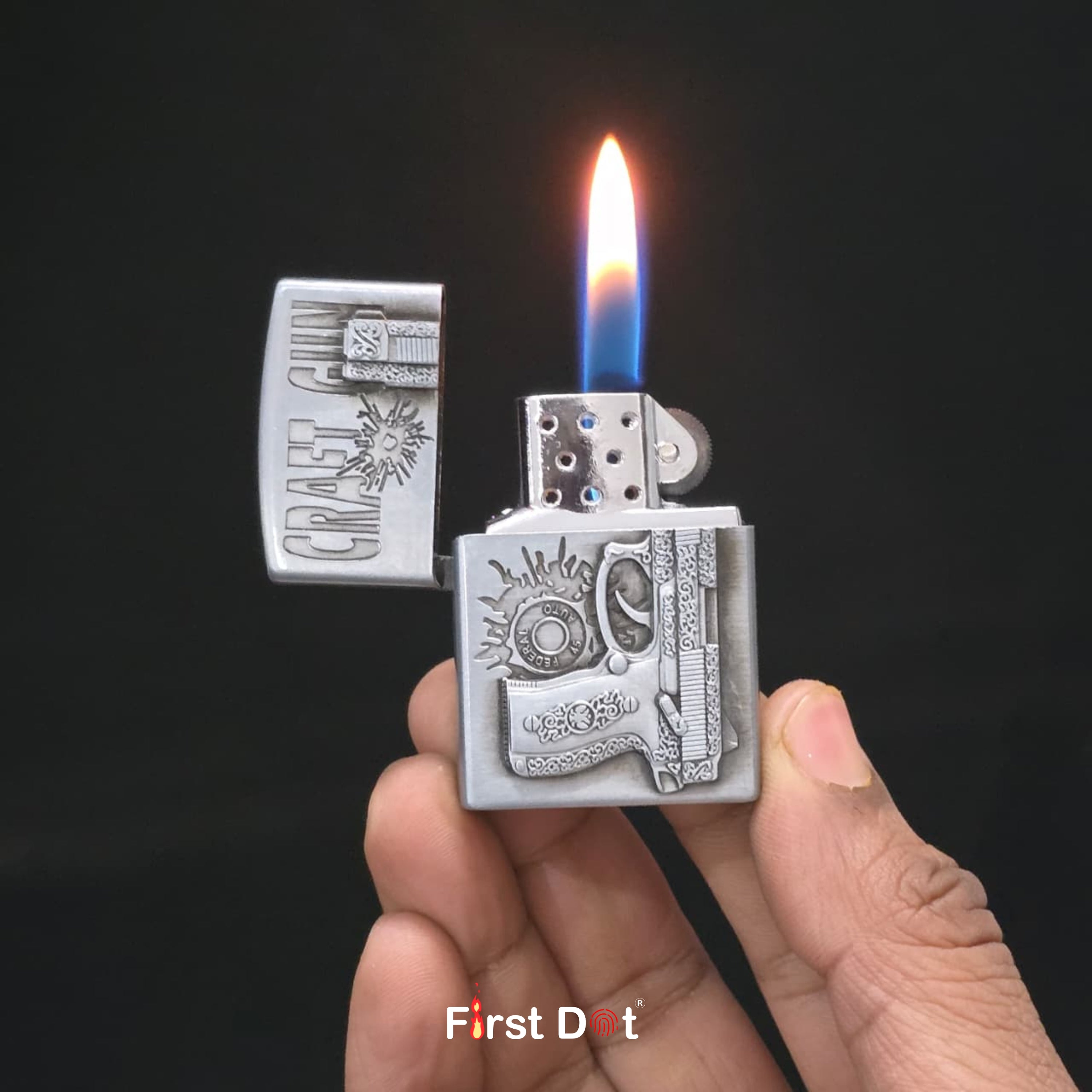 Vintage Craft Gun Engraved Metal Design, Wind-Resistant Flame