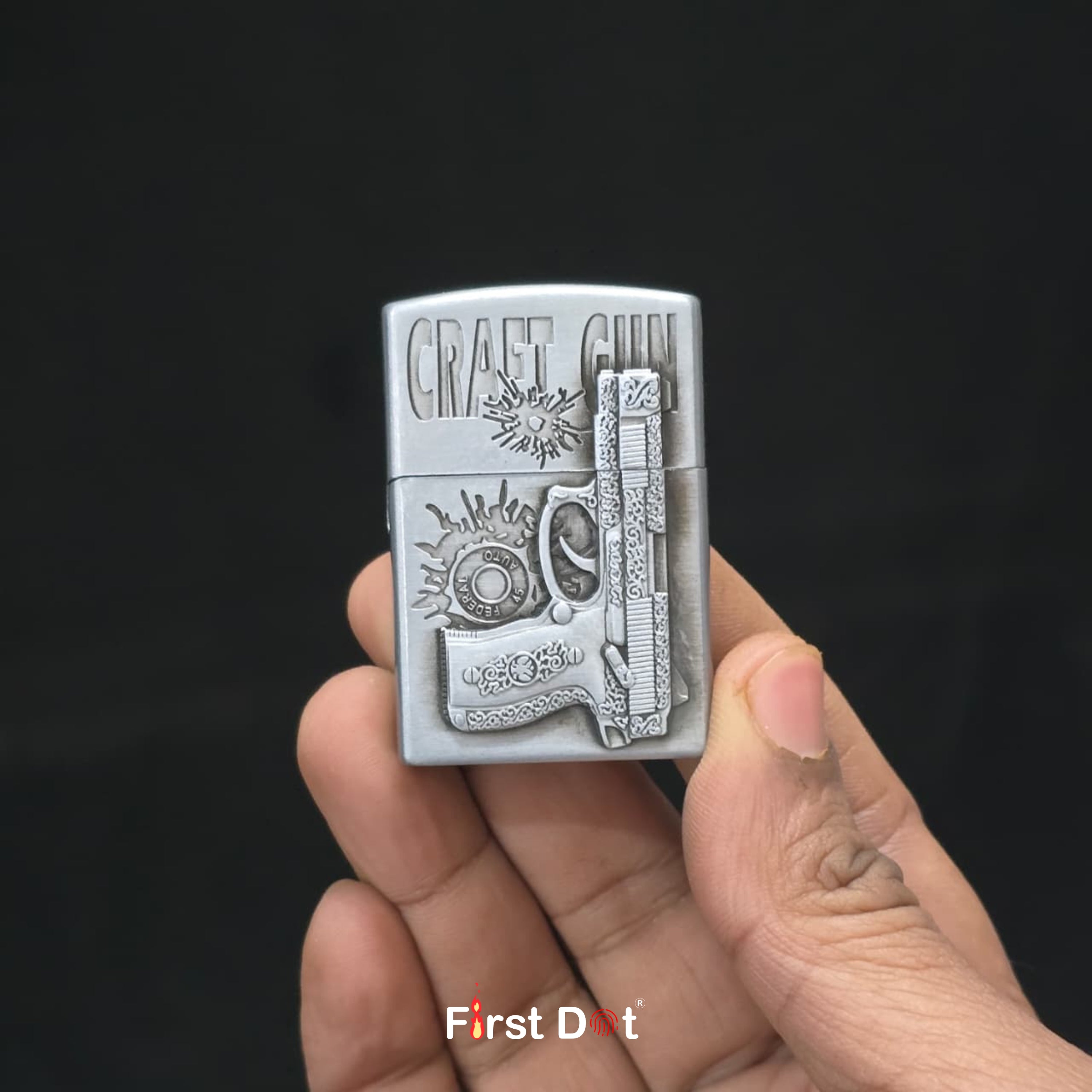 Vintage Craft Gun Engraved Metal Design, Wind-Resistant Flame