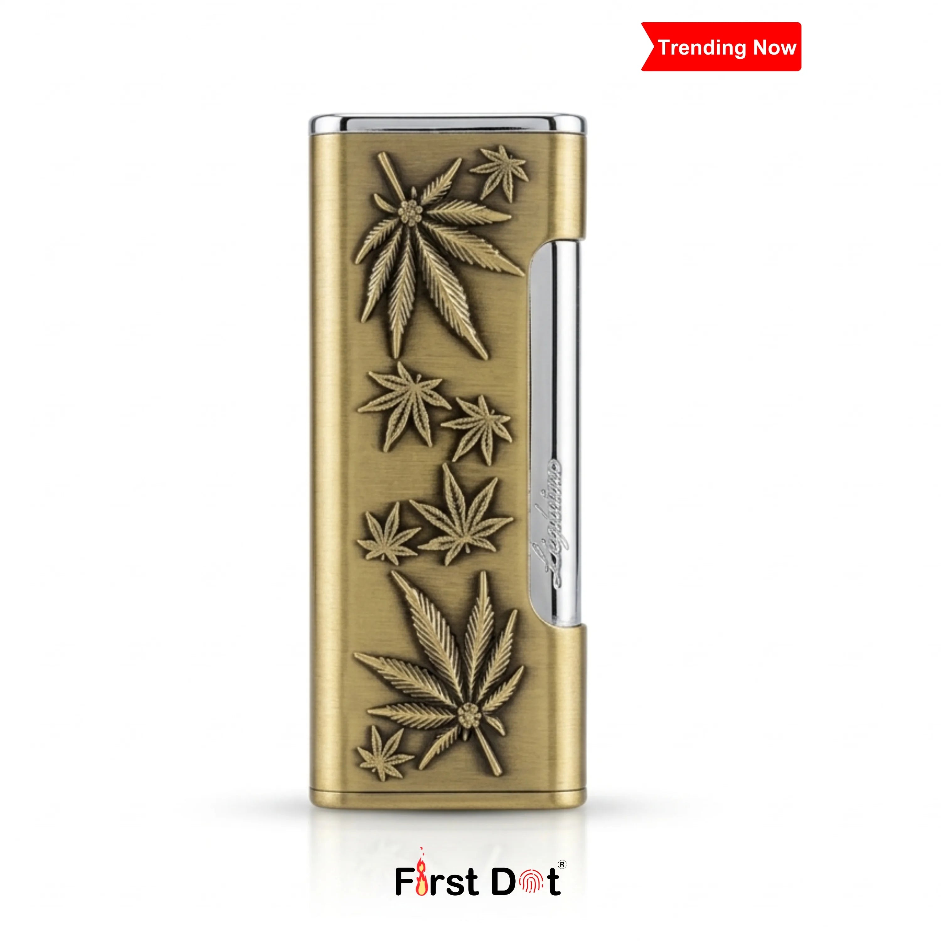 Vintage Leaf Carved Jet Flame Lighter Gold