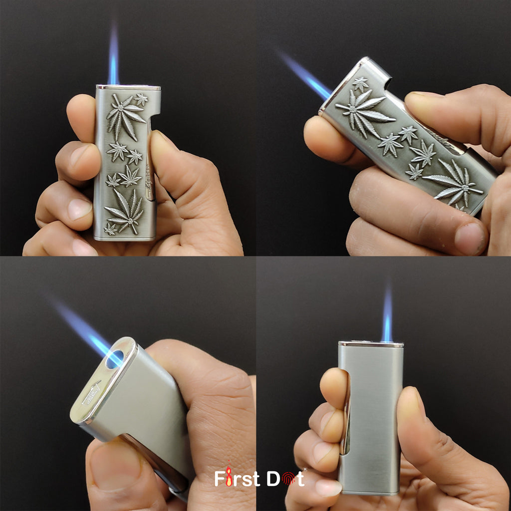 Vintage Leaf Carved Jet Flame Lighter Gold