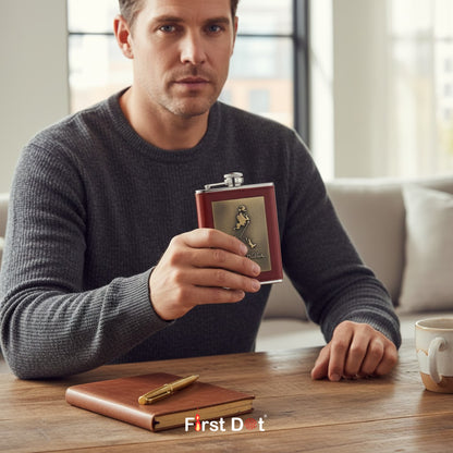 Vintage Leather Hip Flask with Embossed Pocket Flask 8oz