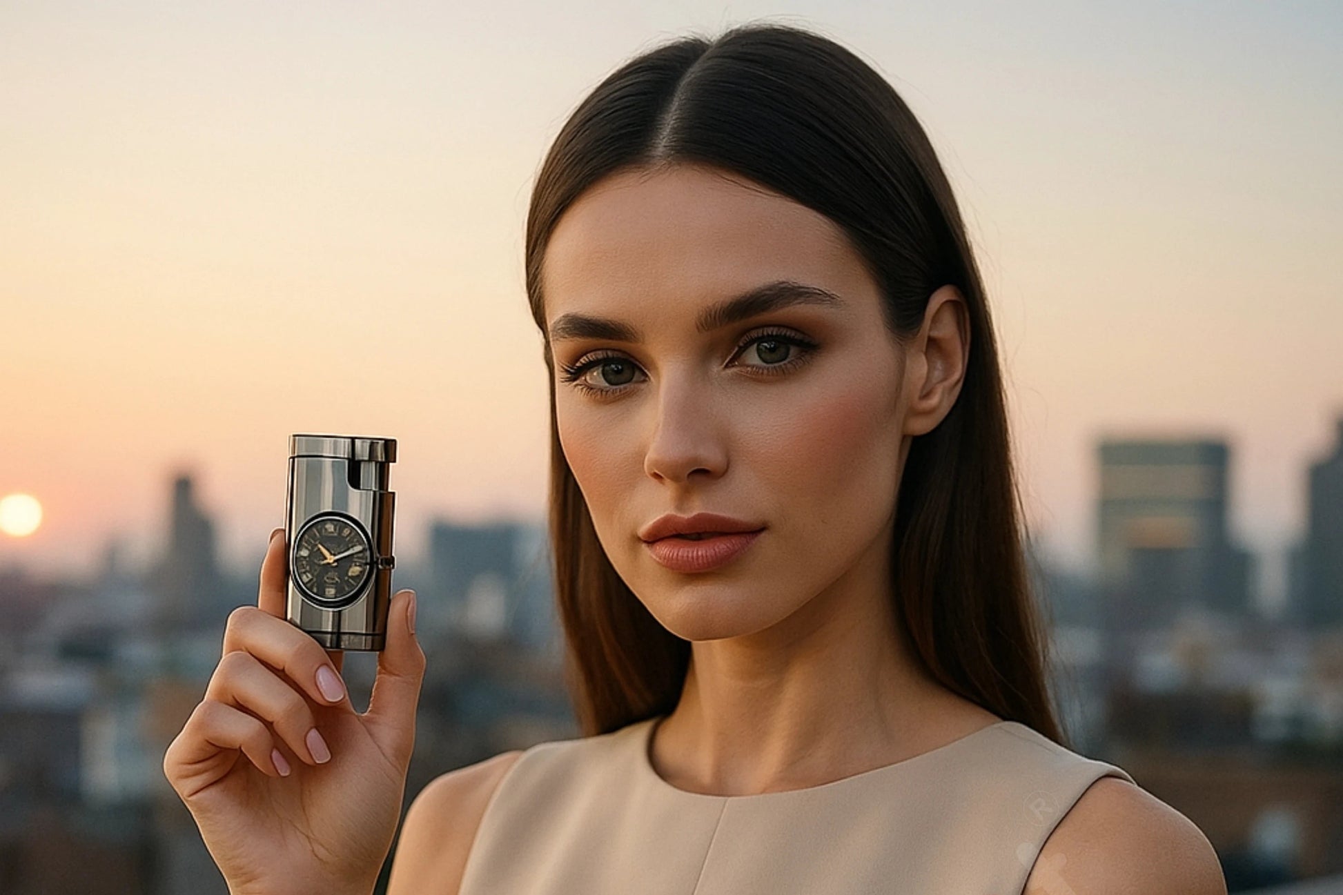 Woman holding a metallic object with a cityscape in the background