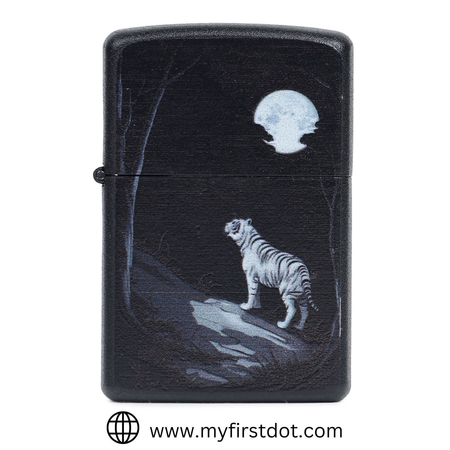 A black metal windproof lighter with a painted design of a tiger, moon, and trees on the front.