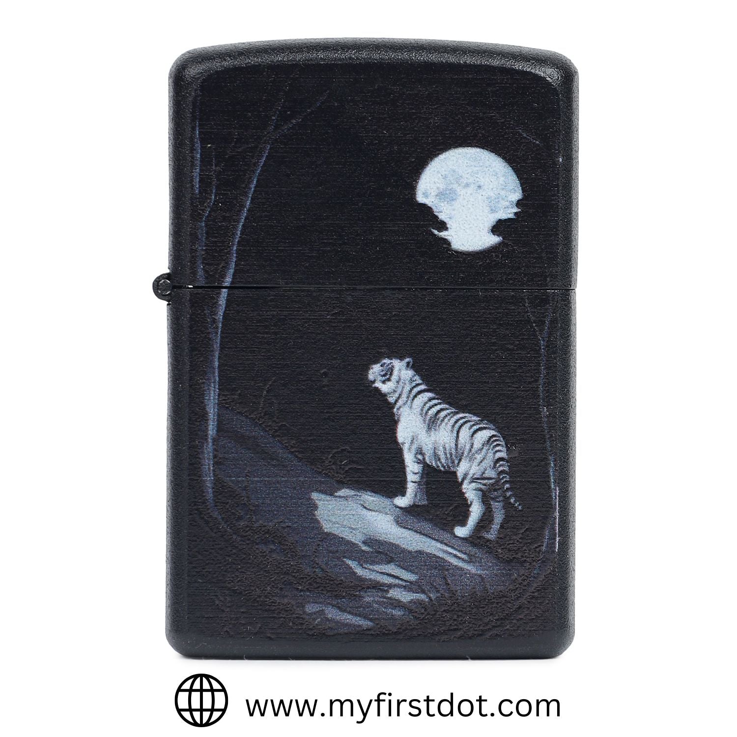 A black metal windproof lighter with a painted design of a tiger, moon, and trees on the front.
