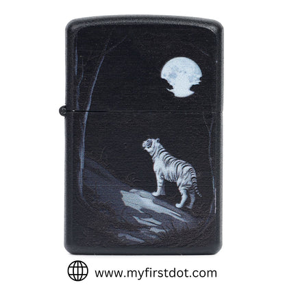 A black metal windproof lighter with a painted design of a tiger, moon, and trees on the front.