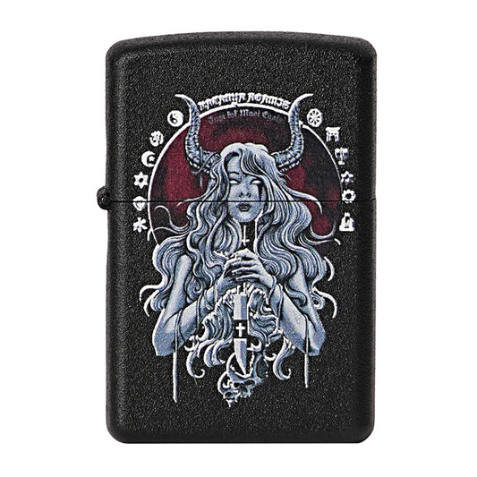 Black lighter with a design of a woman with horns and a cross, on a white background Witch Premium Refillable Cigarette Lighter