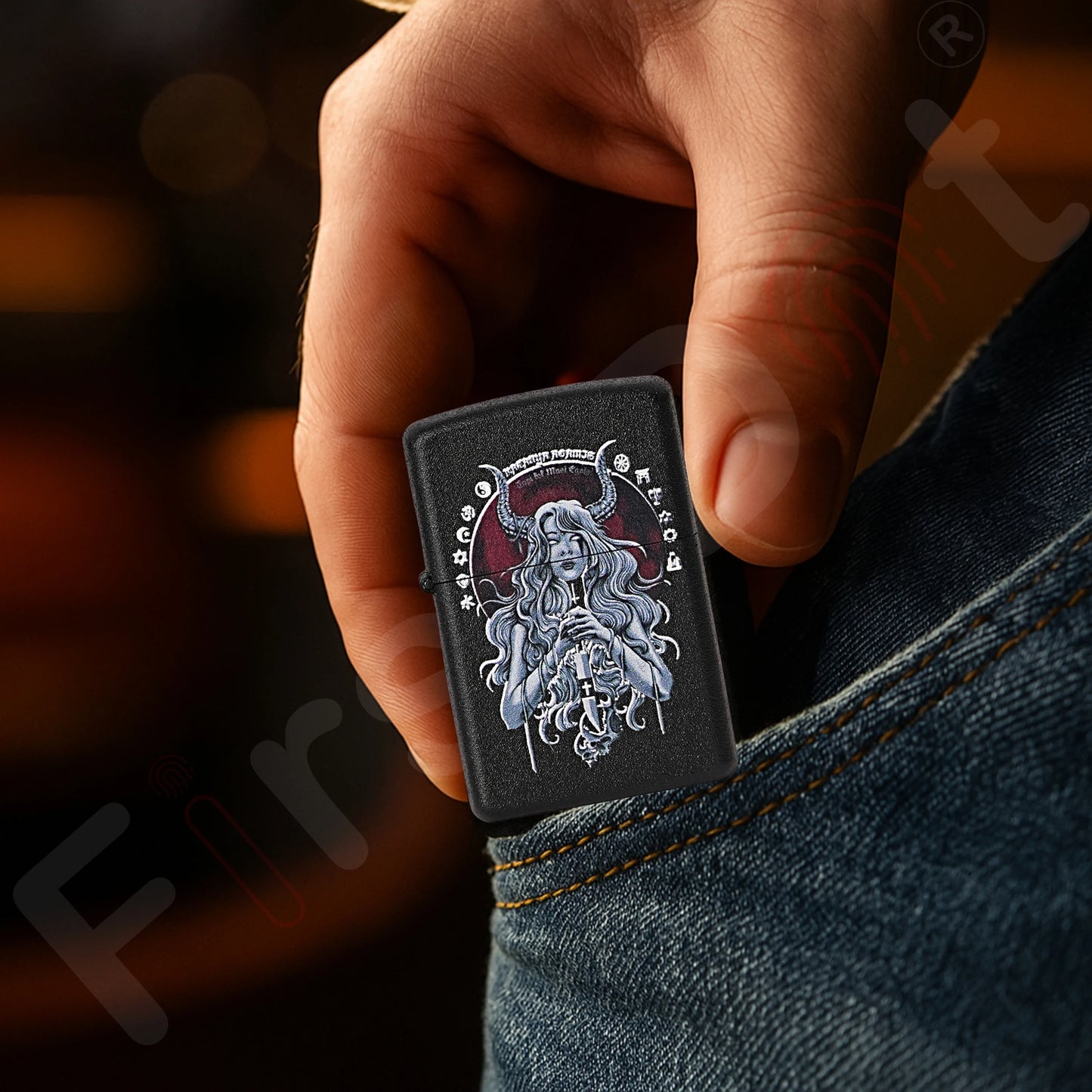 Hand holding a black lighter with a design on a blurred background Witch Premium Refillable Cigarette Lighter