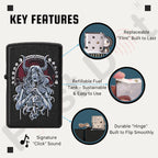 Lighter with key features highlighted on a white background Witch Premium Refillable Cigarette Lighter