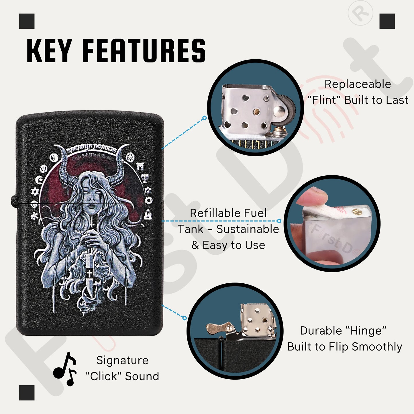 Lighter with key features highlighted on a white background Witch Premium Refillable Cigarette Lighter