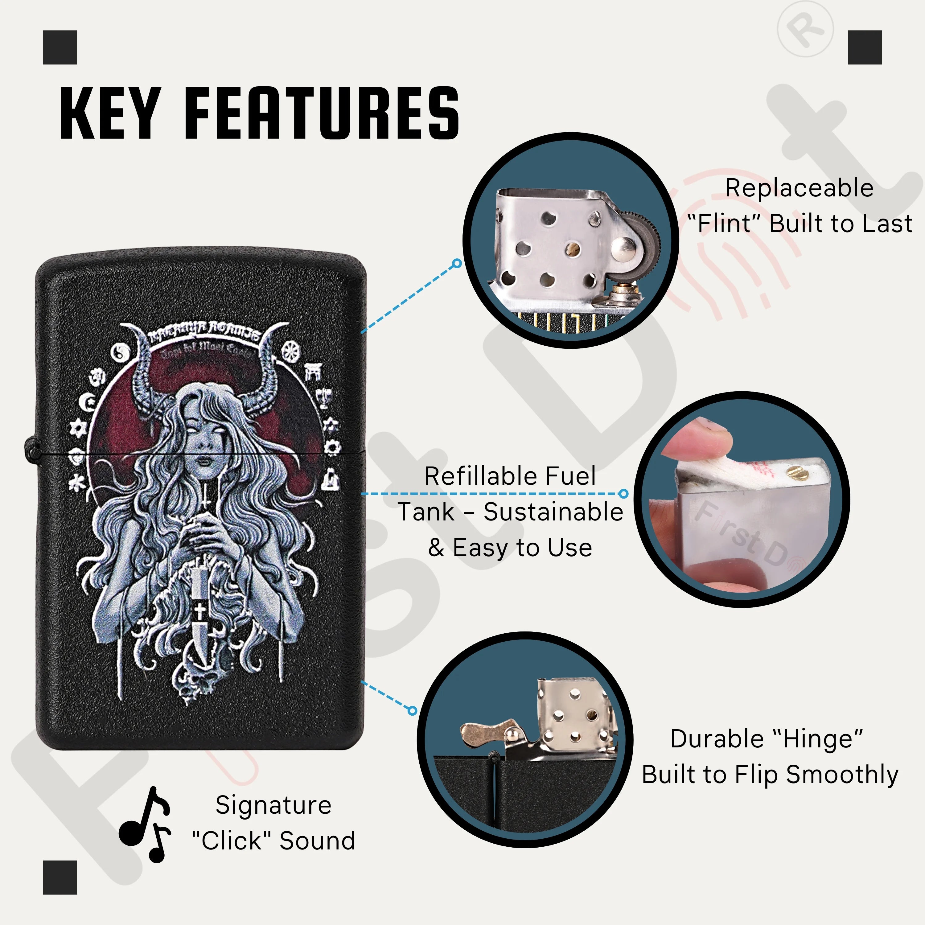 Lighter with key features highlighted on a white background Witch Premium Refillable Cigarette Lighter