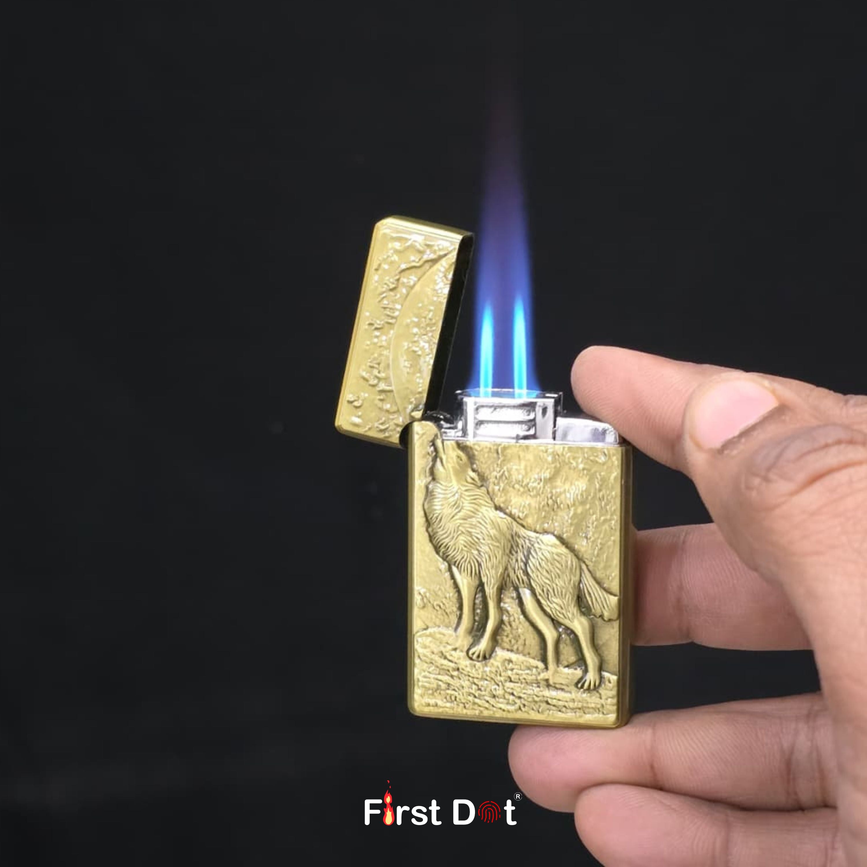 Wolf Engraved Dual Jet Flame Lighter