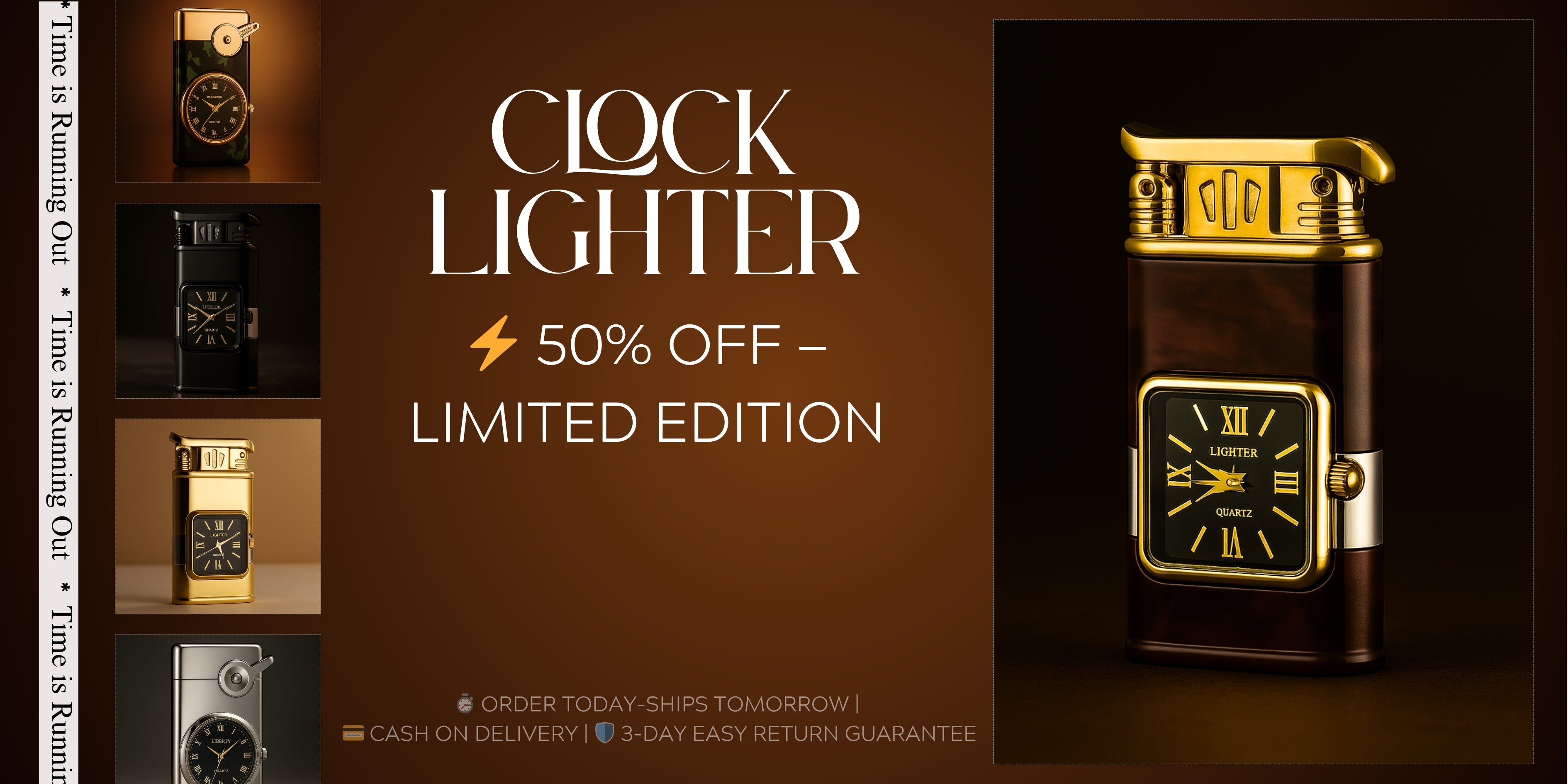 Lighter with clock design on a brown background with promotional text.