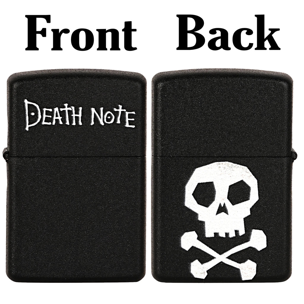 Black lighter with 'Death Note' text on one side and skull and crossbones design on the other, labeled 'Front' and 'Back'. Death Note Skull Premium Refillable Cigarette Lighter First Dot