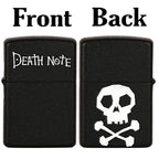 Black lighter with 'Death Note' text on one side and skull and crossbones design on the other, labeled 'Front' and 'Back'. Death Note Skull Premium Refillable Cigarette Lighter First Dot