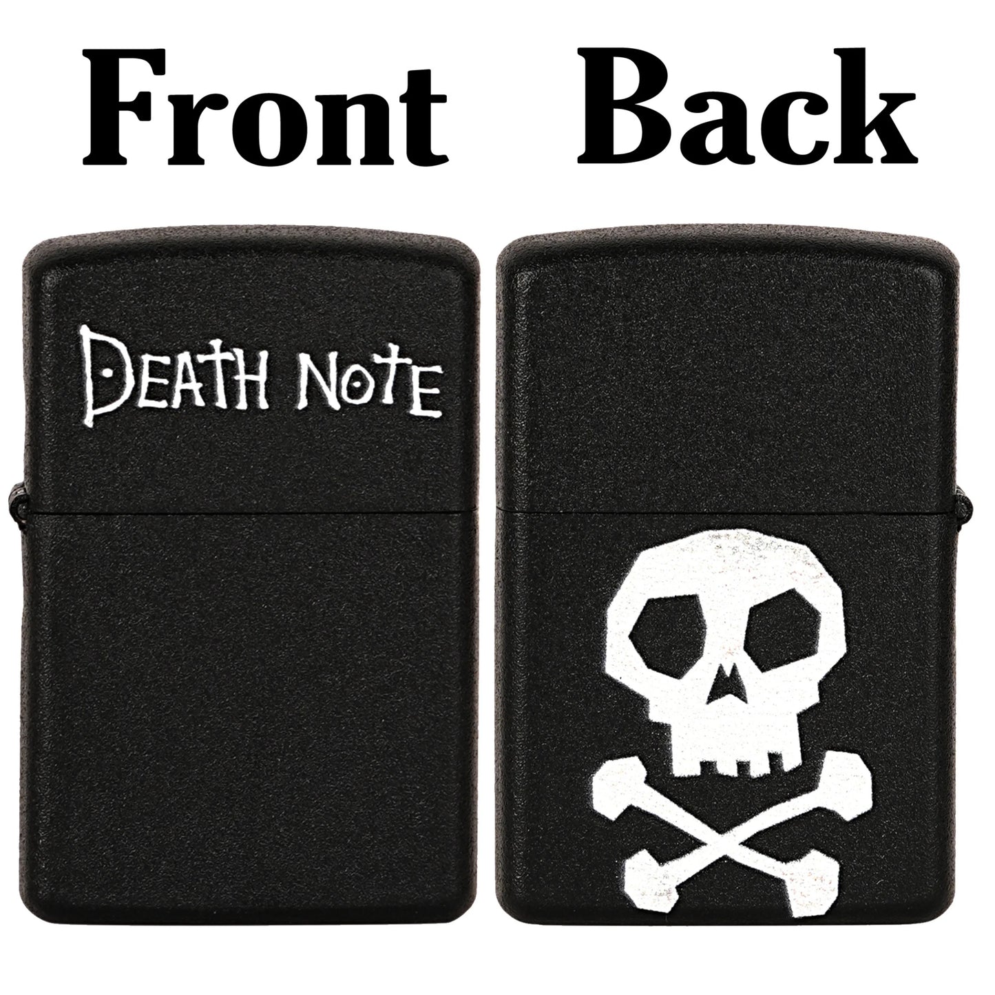 Black lighter with 'Death Note' text on one side and skull and crossbones design on the other, labeled 'Front' and 'Back'. Death Note Skull Premium Refillable Cigarette Lighter First Dot