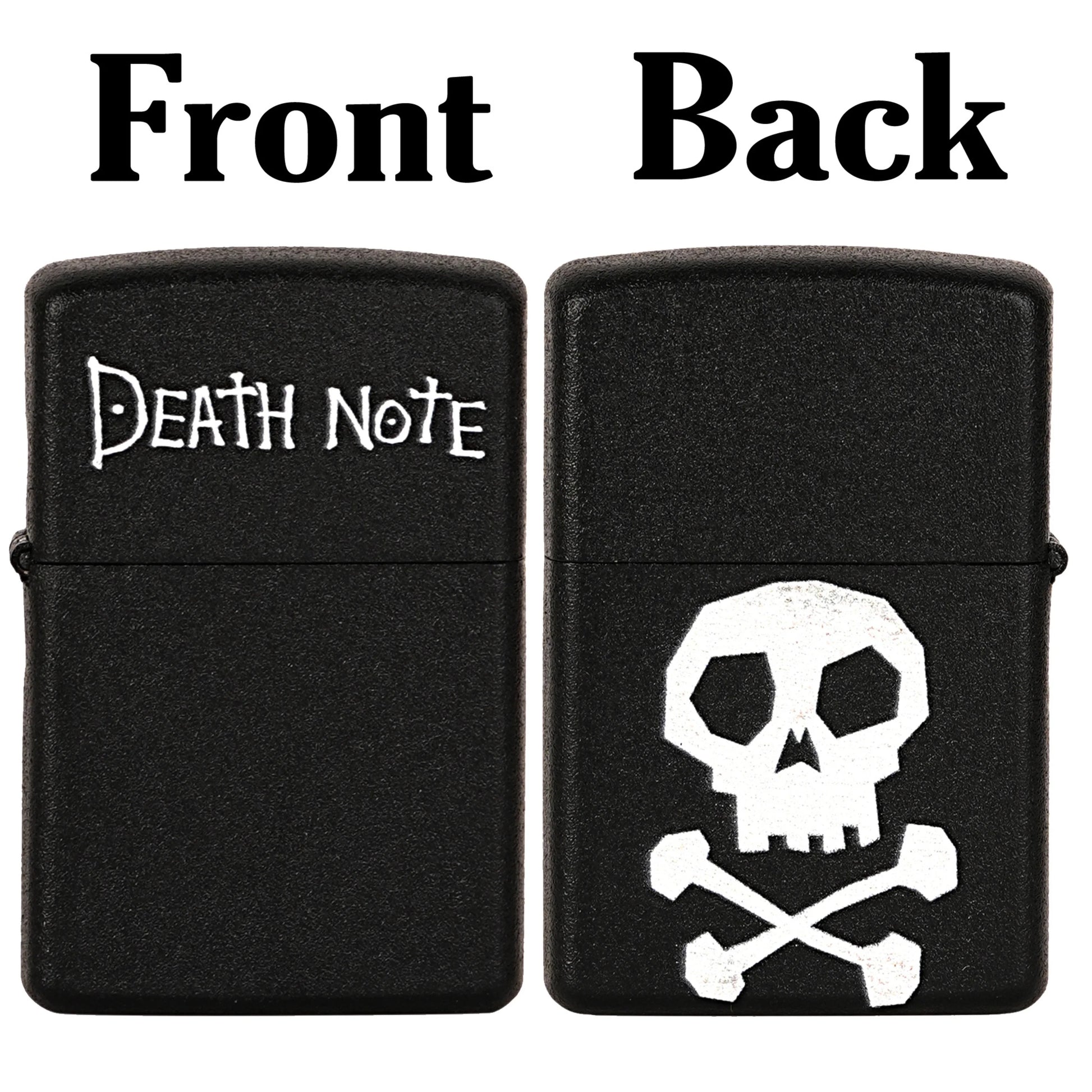 Black lighter with 'Death Note' text on one side and skull and crossbones design on the other, labeled 'Front' and 'Back'. Death Note Skull Premium Refillable Cigarette Lighter First Dot