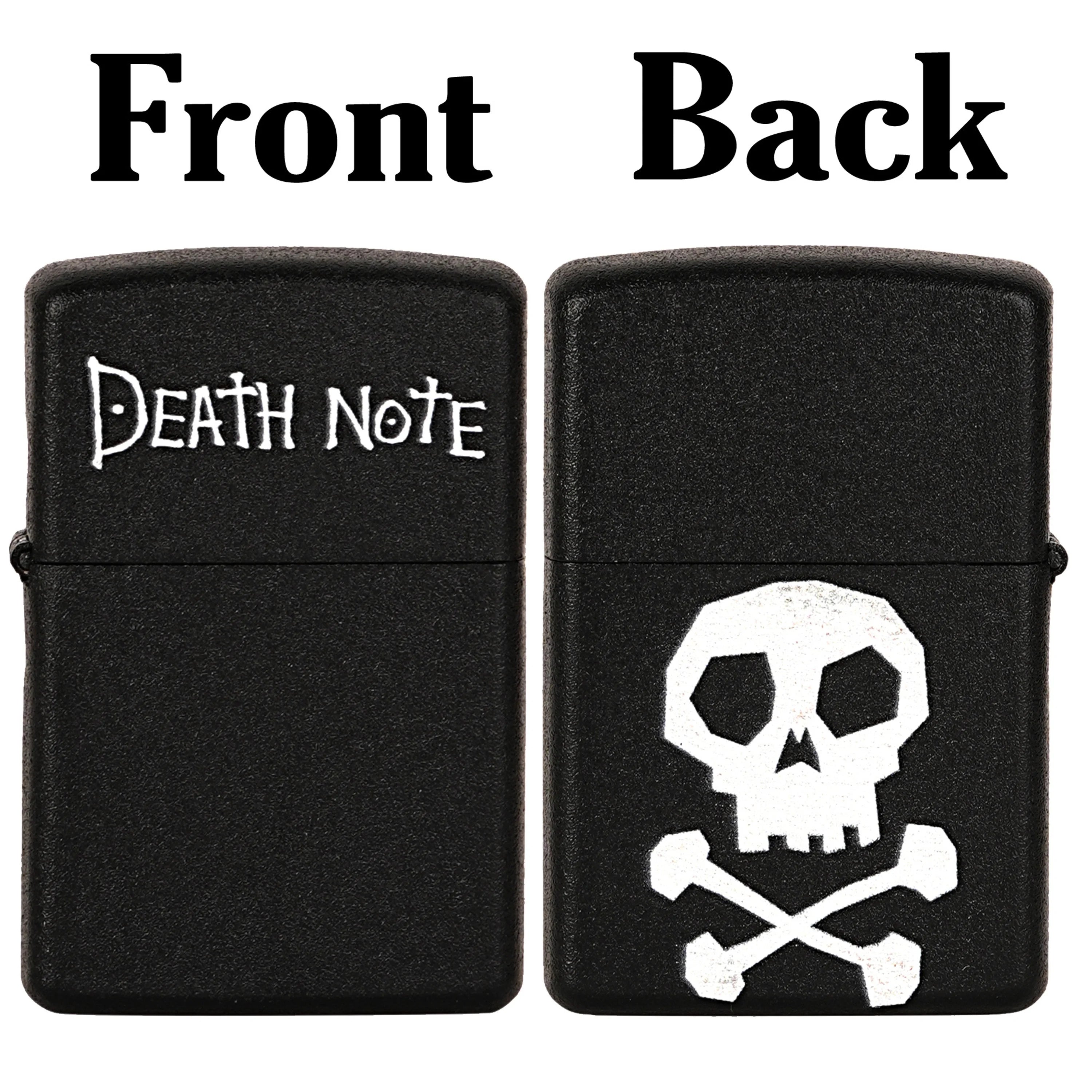 Black lighter with 'Death Note' text on one side and skull and crossbones design on the other, labeled 'Front' and 'Back'. Death Note Skull Premium Refillable Cigarette Lighter First Dot