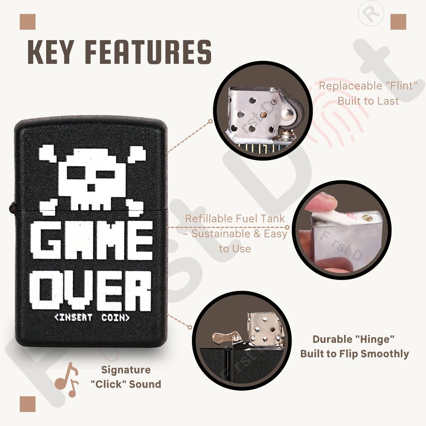 Black lighter with 'GAME OVER' design and key features highlighted on a gray background Game Over Premium Refillable Cigarette Lighter first dot