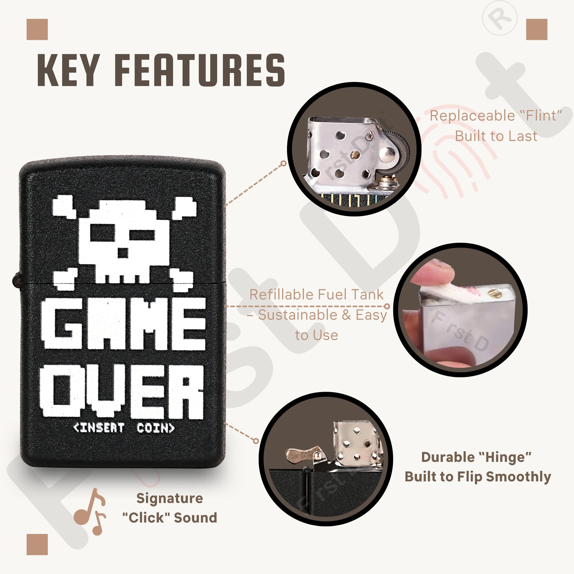 Black lighter with 'GAME OVER' design and key features highlighted on a gray background Game Over Premium Refillable Cigarette Lighter first dot