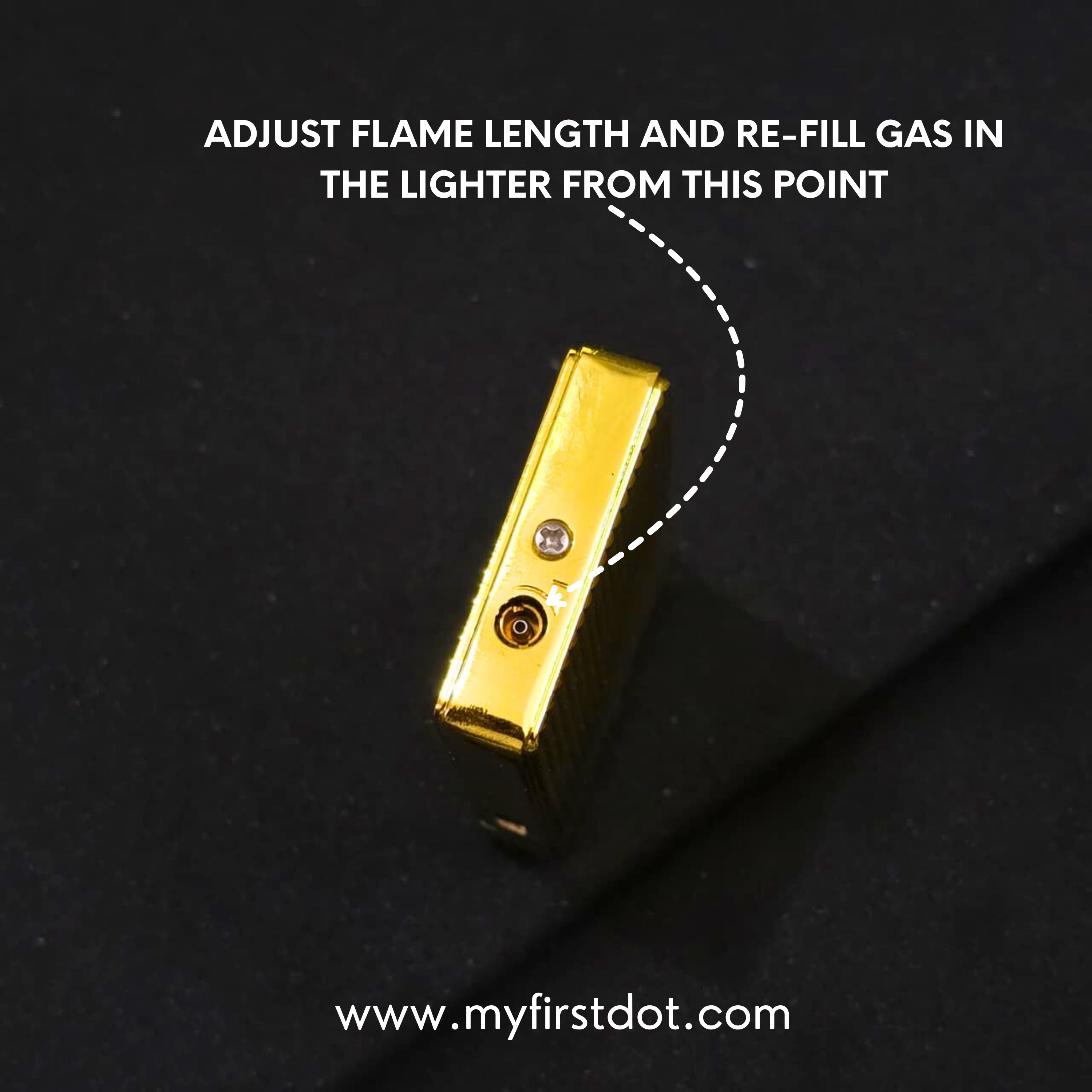 Gold lighter with instructions on adjusting flame length and refilling gas on a black background first dot 100g Gold Bar Design Jet Flame Cigarette Lighter 