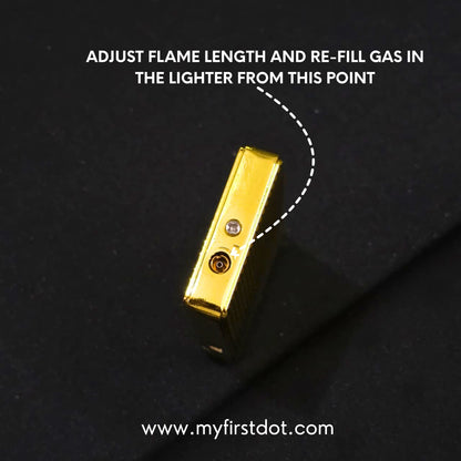 Gold lighter with instructions on adjusting flame length and refilling gas on a black background first dot 100g Gold Bar Design Jet Flame Cigarette Lighter 