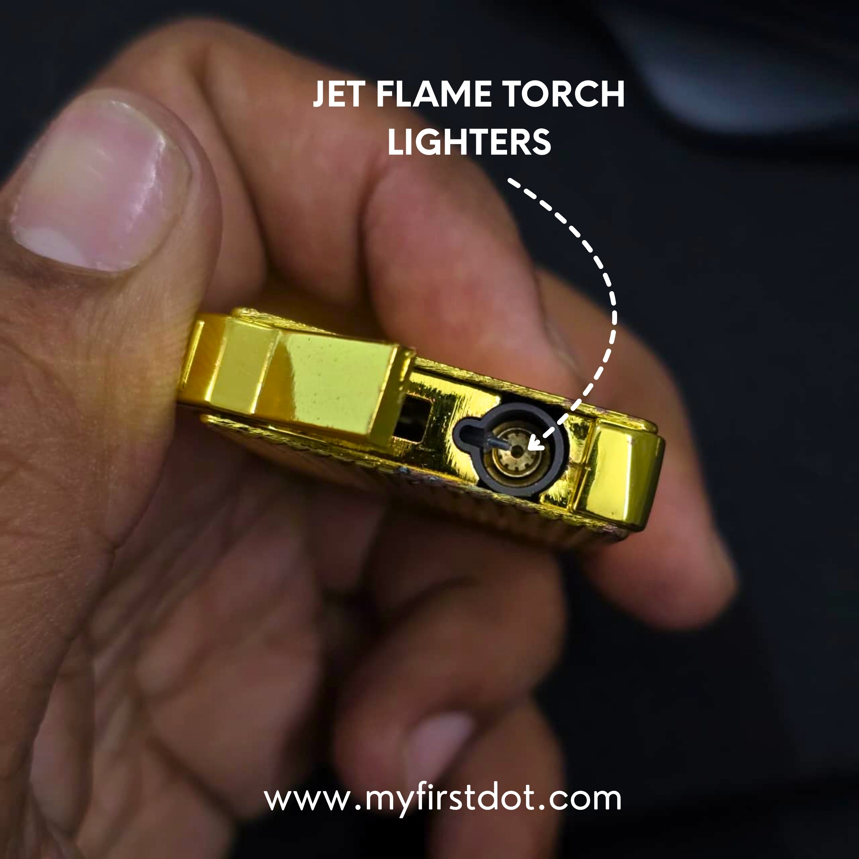 Gold jet flame torch lighter held in a hand with text 'Jet Flame Torch Lighters' and website first dot 100g Gold Bar Design Jet Flame Cigarette Lighter 'www.myfirstdot.com'.