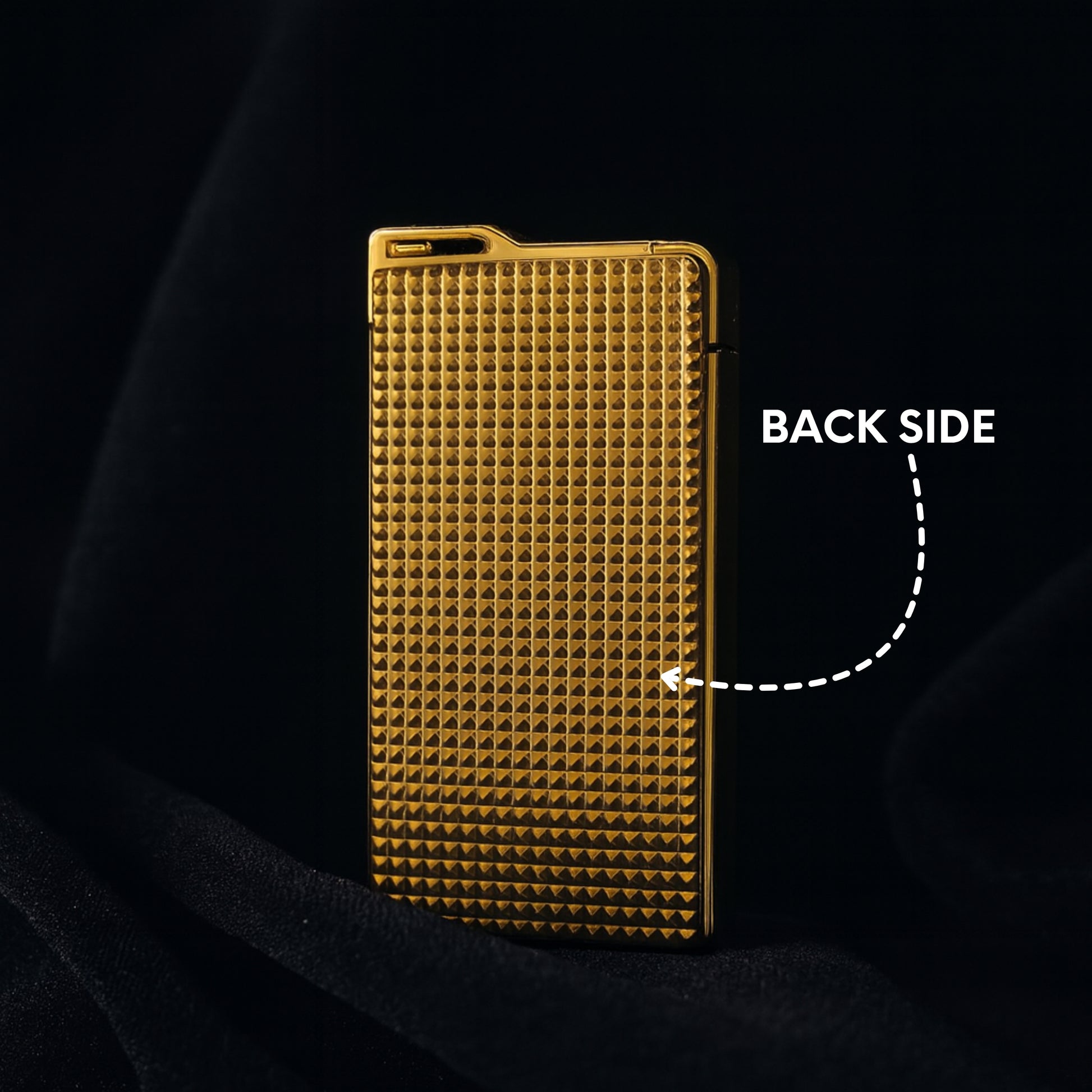 Gold textured phone case on a black background with 'BACK SIDE' text. first dot 100g Gold Bar Design Jet Flame Cigarette Lighter 