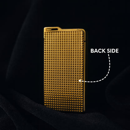 Gold textured phone case on a black background with 'BACK SIDE' text. first dot 100g Gold Bar Design Jet Flame Cigarette Lighter 