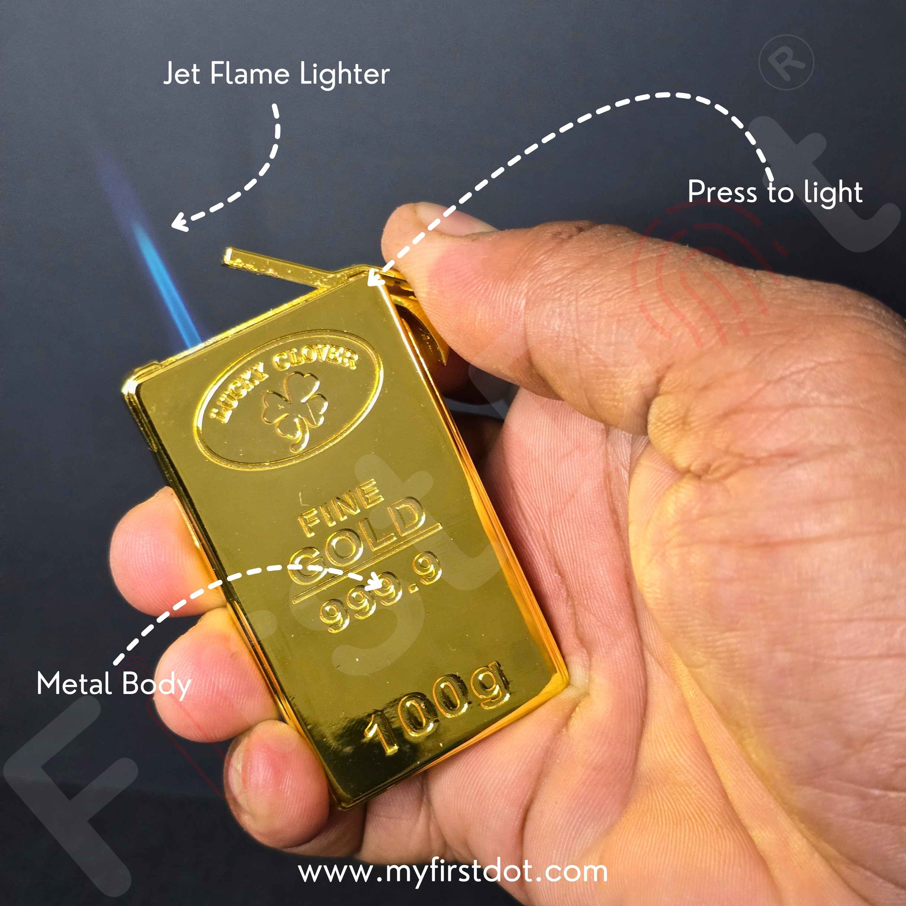 Gold bar lighter being held with labeled parts on a dark background first dot 100g Gold Bar Design Jet Flame Cigarette Lighter 