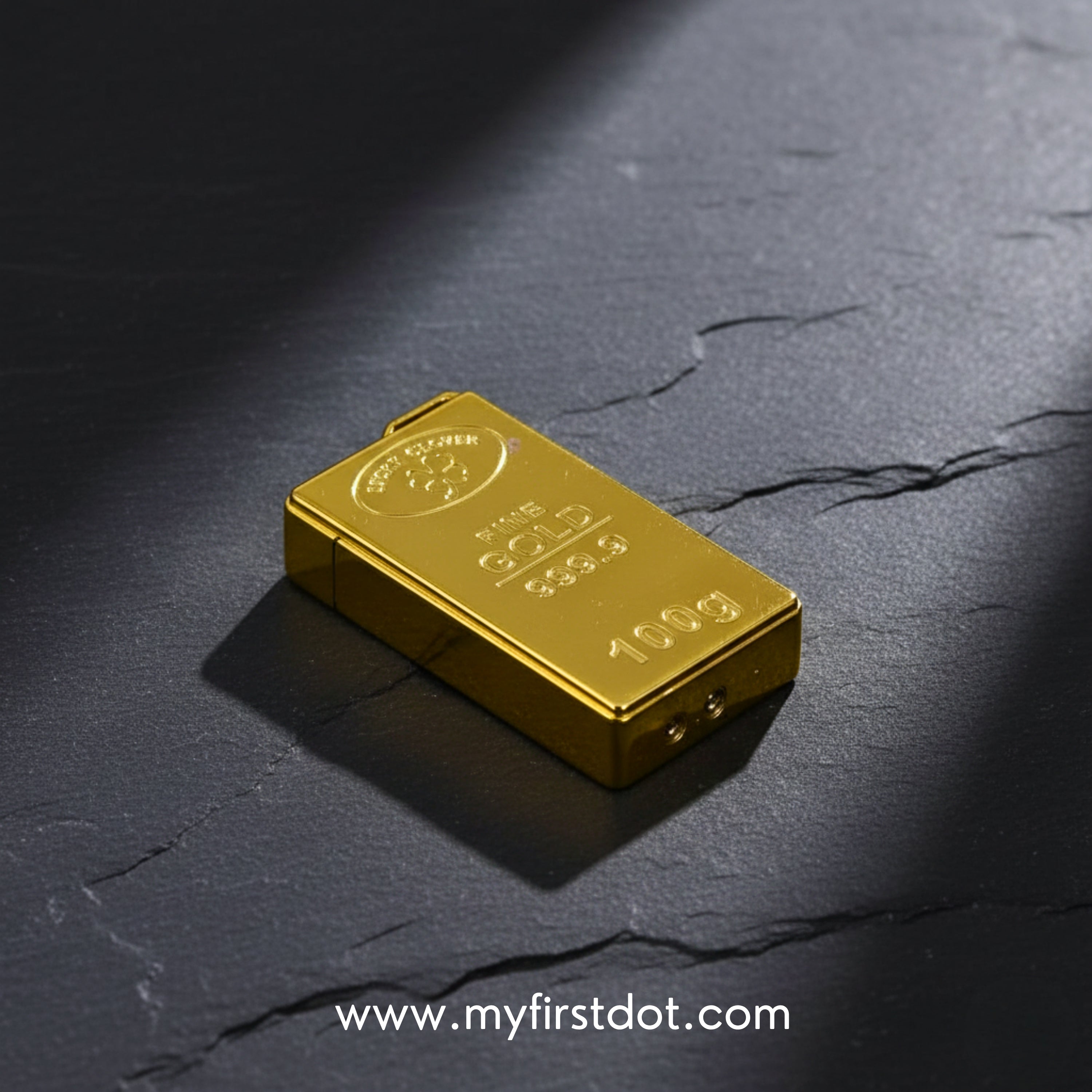Gold bar on a dark textured surface with 'www.myfirstdot.com' text.  first dot 100g Gold Bar Design Jet Flame Cigarette Lighter
