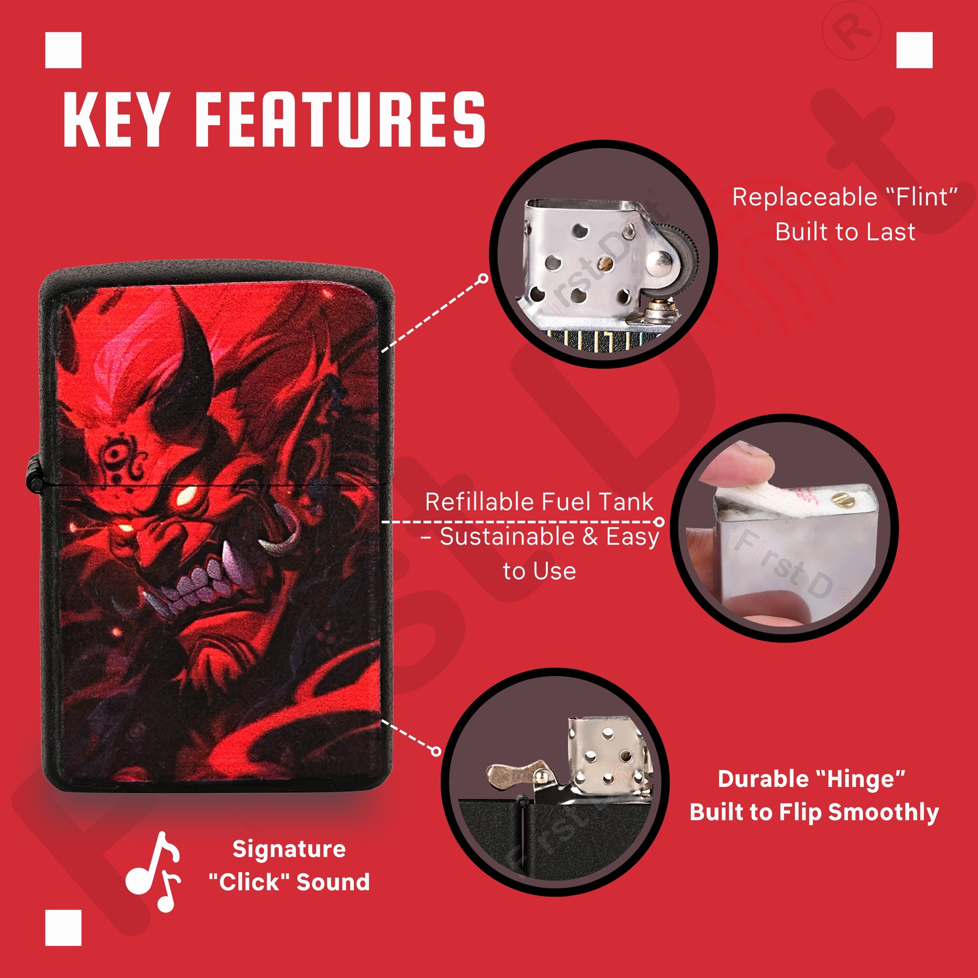 First dot lighters with key features highlighted on a red background Hannya Demon Premium Refillable Cigarette Lighter