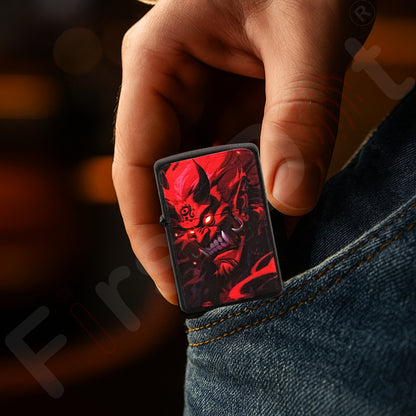 Hand holding a red and black Hannya Demon Premium Refillable Cigarette Lighter
