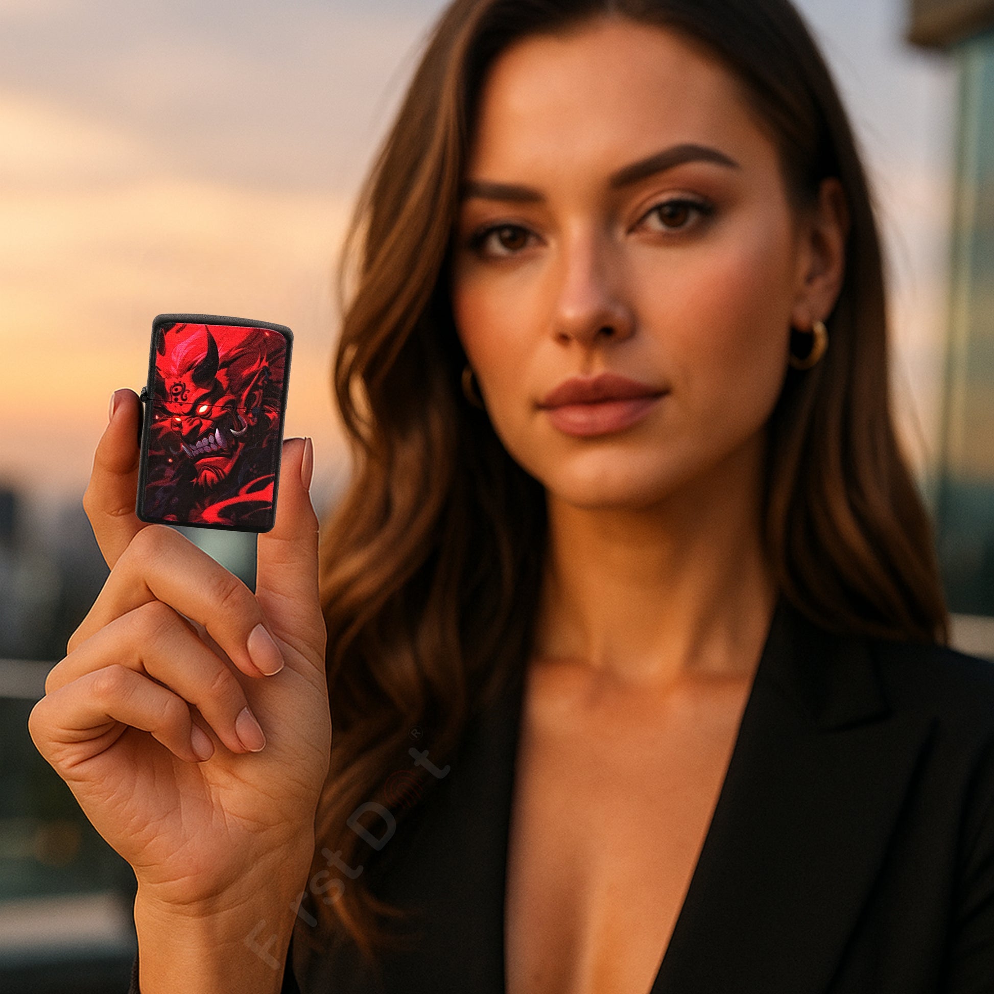 Woman holding a small red and black Hannya Demon Premium Refillable Cigarette Lighter