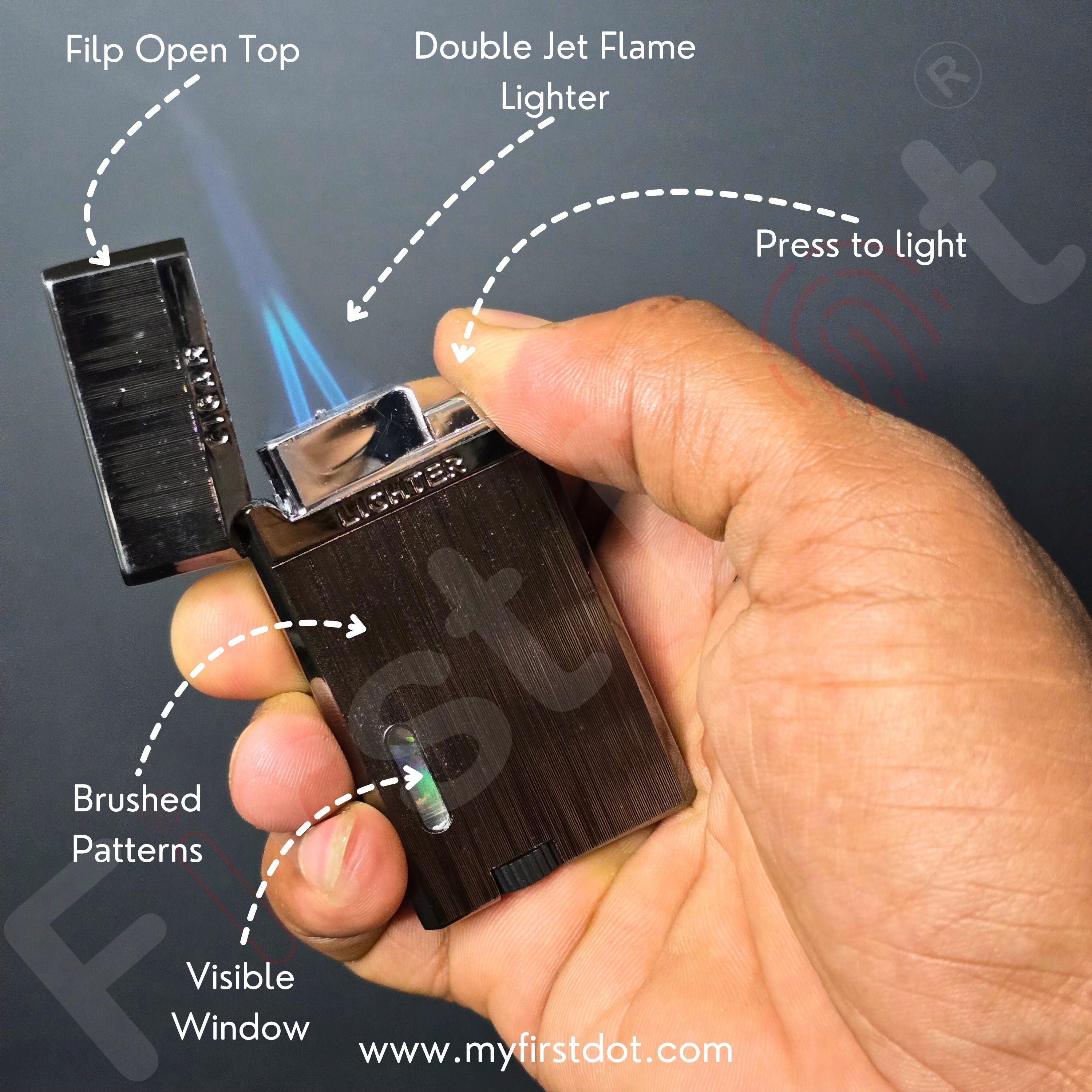 Hand holding a lighter with labeled features on a dark background Monarch Double Flame Torch Lighter Brushed Grey