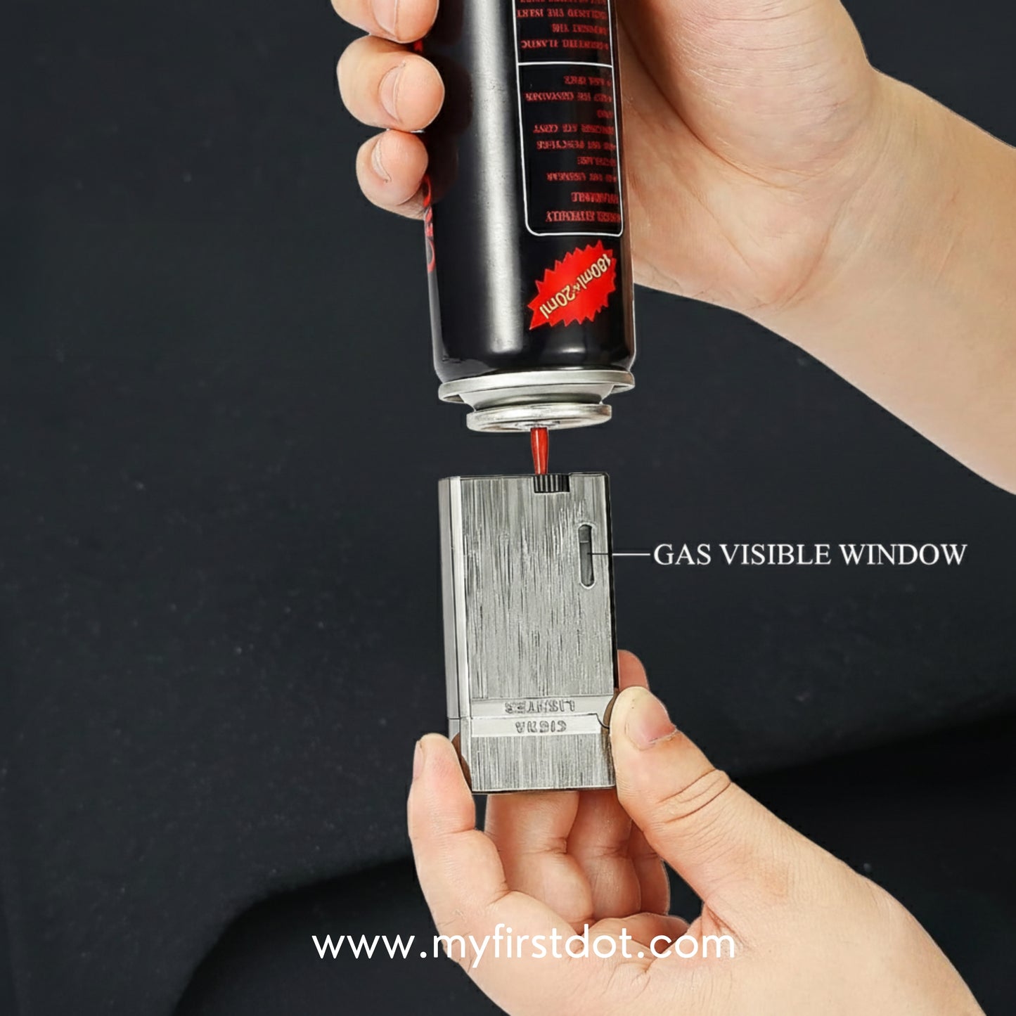Hand holding a can of My First Dot product over a lock with 'GAS VISIBLE WINDOW' text. Monarch Double Flame Torch Lighter Brushed Grey
