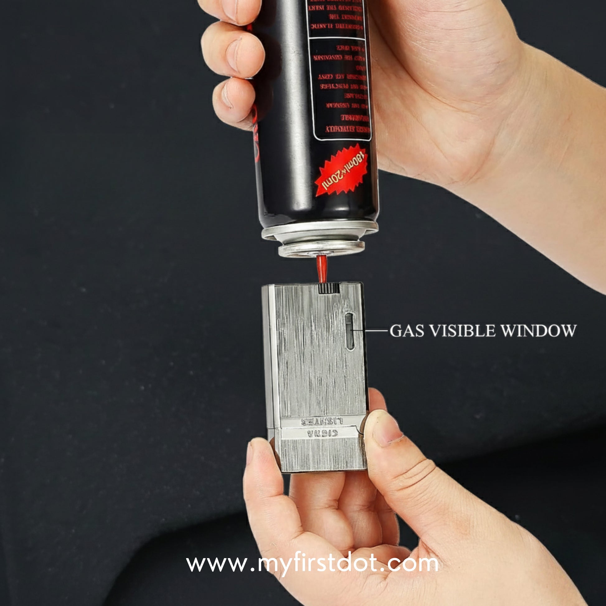 Hand holding a can of My First Dot product over a lock with 'GAS VISIBLE WINDOW' text. Monarch Double Flame Torch Lighter Brushed Grey
