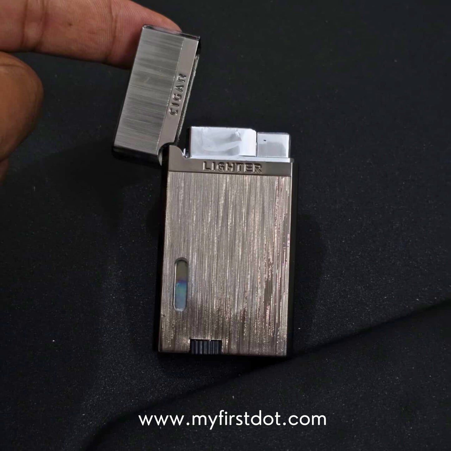 Metallic lighter on a black background with 'www.myfirstdot.com' text. Monarch Double Flame Torch Lighter Brushed Grey