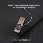 Lighter with gas refill instructions on a black background Monarch Double Flame Torch Lighter Brushed Grey