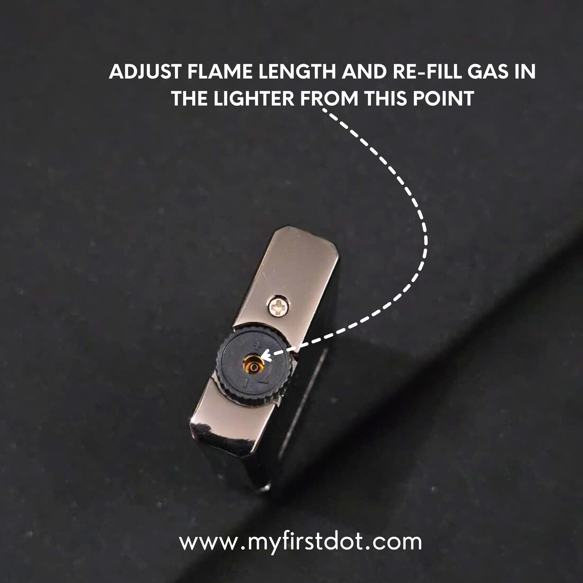 Lighter with gas refill instructions on a black background Monarch Double Flame Torch Lighter Brushed Grey