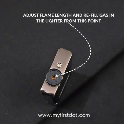 Lighter with gas refill instructions on a black background Monarch Double Flame Torch Lighter Brushed Grey
