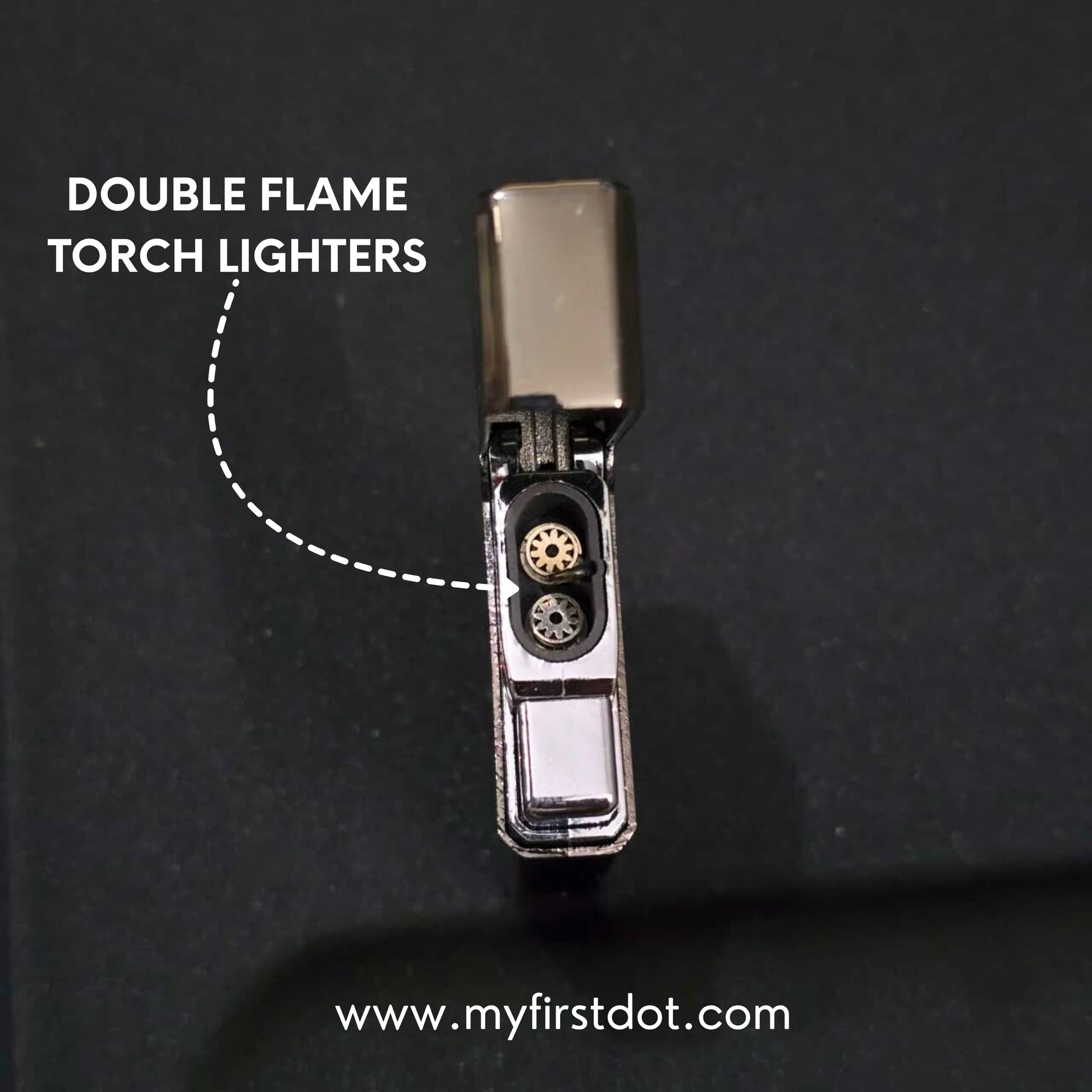 Double flame torch lighter on a black background with text and website URL. Monarch Double Flame Torch Lighter Brushed Grey