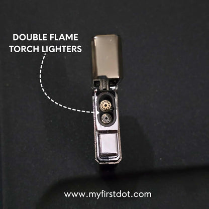 Double flame torch lighter on a black background with text and website URL. Monarch Double Flame Torch Lighter Brushed Grey