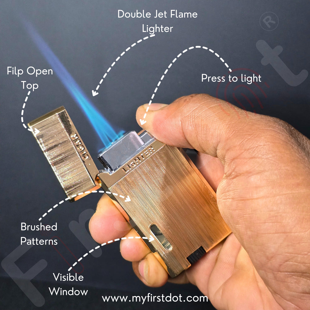 Hand holding a double jet flame lighter with labeled features on a dark background Monarch Double Flame Torch Lighter Metallic Gold