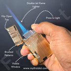 Hand holding a double jet flame lighter with labeled features on a dark background Monarch Double Flame Torch Lighter Metallic Gold