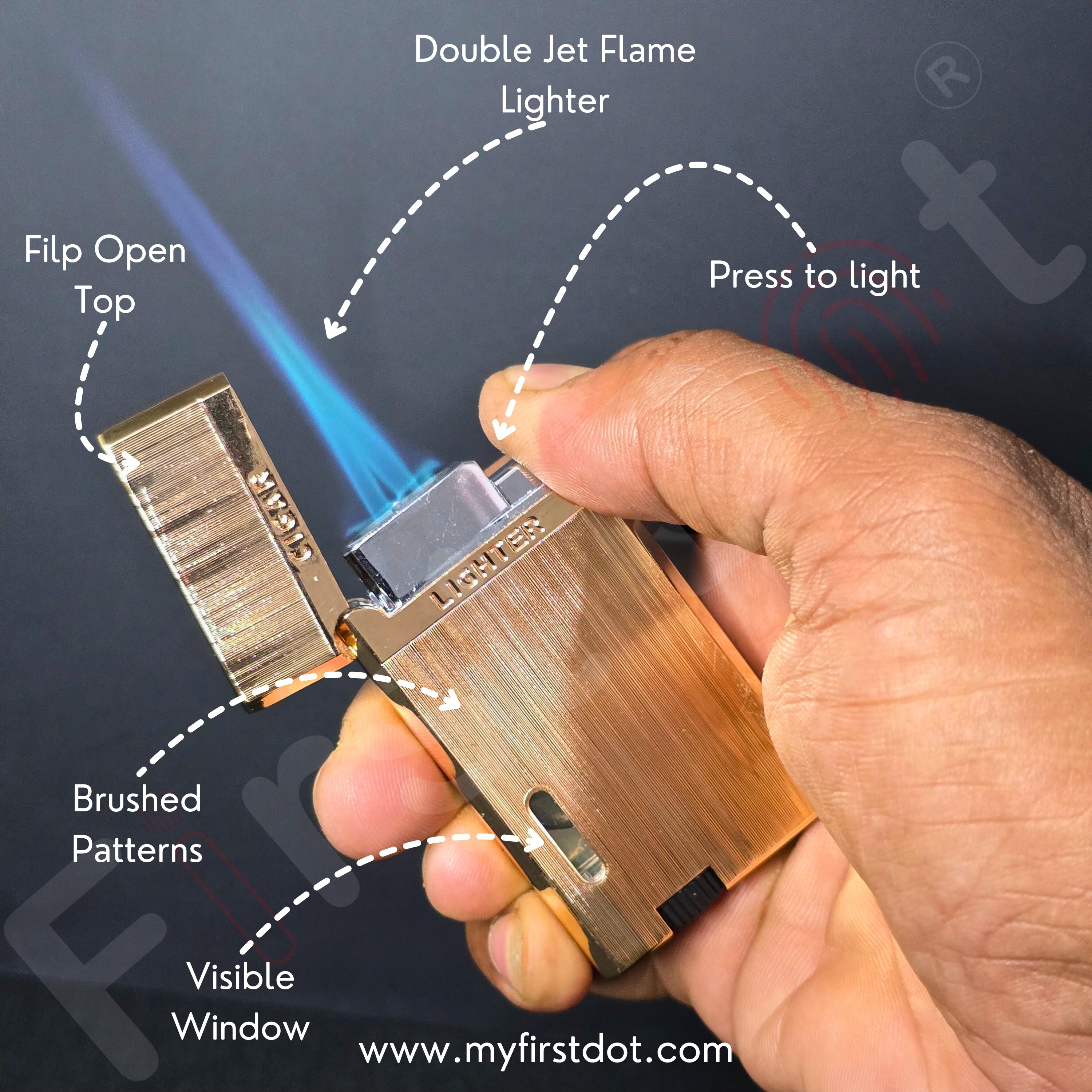 Hand holding a double jet flame lighter with labeled features on a dark background Monarch Double Flame Torch Lighter Metallic Gold
