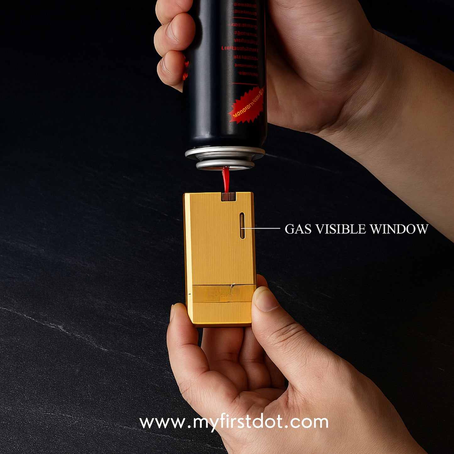 Hand using a can to fill a gold lighter with visible gas window on a black background. Monarch Double Flame Torch Lighter Metallic Gold