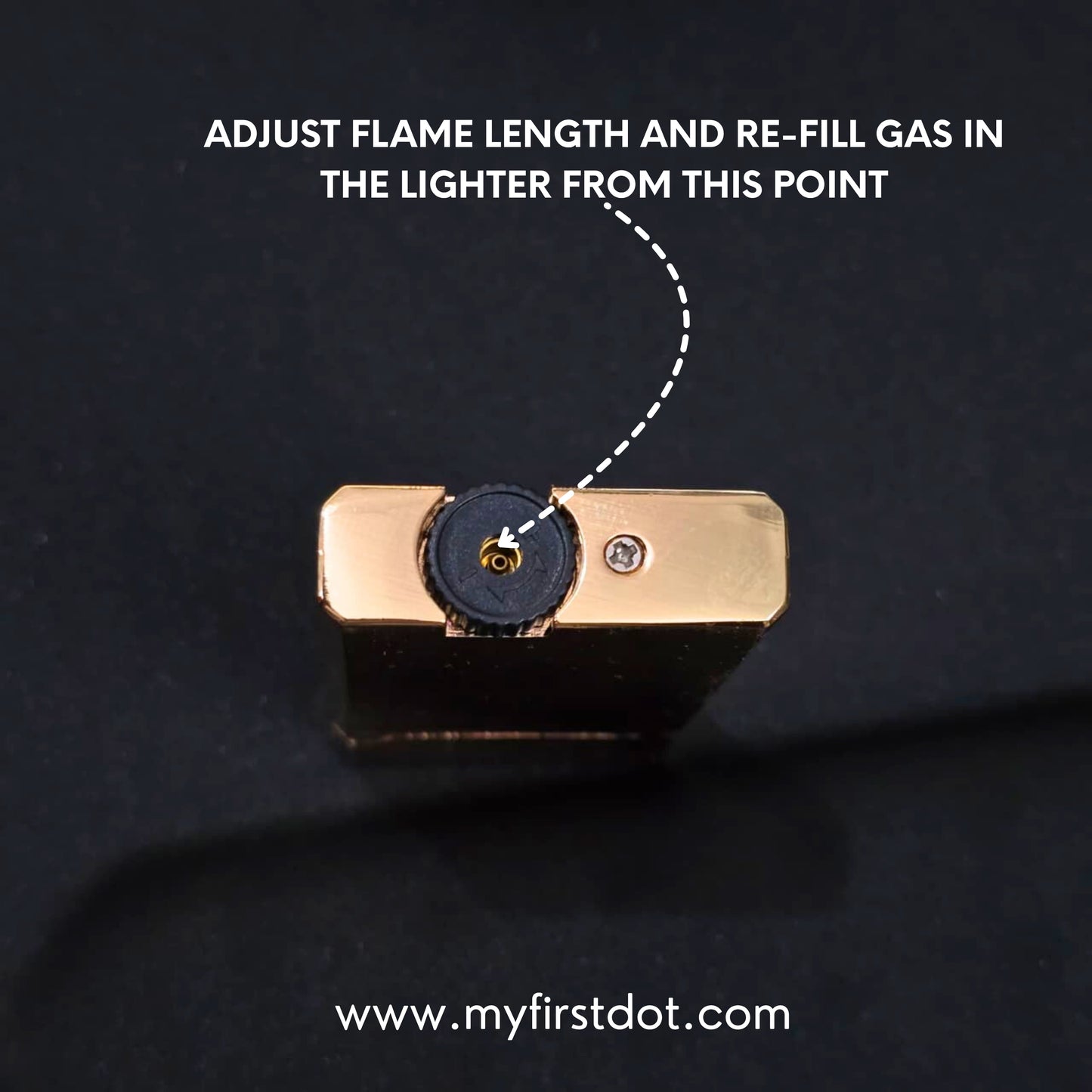 Gold lighter with instructions on adjusting flame length and refilling gas, against a black background. Monarch Double Flame Torch Lighter Metallic Gold