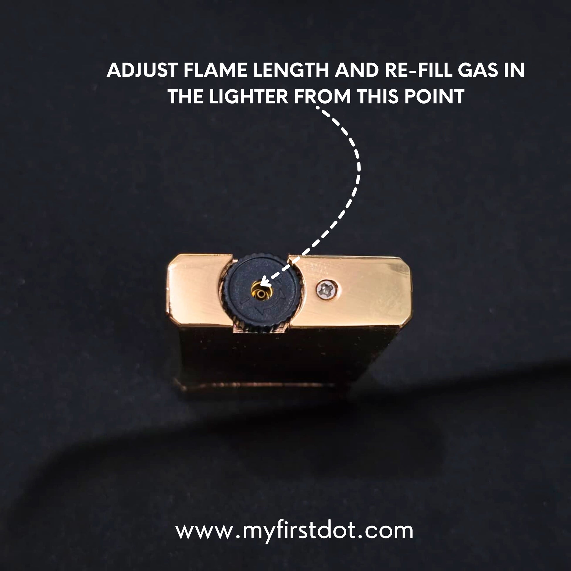 Gold lighter with instructions on adjusting flame length and refilling gas, against a black background. Monarch Double Flame Torch Lighter Metallic Gold