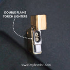 Double flame torch lighter on a dark background with branding text. Monarch Double Flame Torch Lighter Metallic Gold
